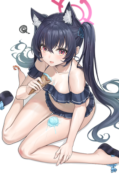Anime picture 2792x4110 with blue archive serika (blue archive) serika (swimsuit) (blue archive) xubai single tall image blush fringe highres light erotic black hair simple background hair between eyes red eyes white background sitting twintails animal ears very long hair from above
