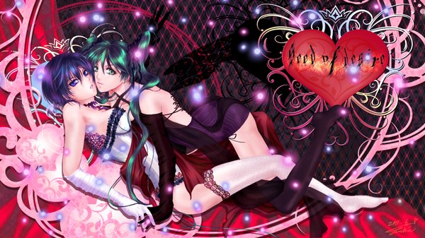 Anime picture 1920x1080 with vocaloid hatsune miku kaiko lushia long hair highres short hair blue eyes light erotic wide image twintails multiple girls green eyes blue hair cleavage green hair genderswap girl thighhighs gloves