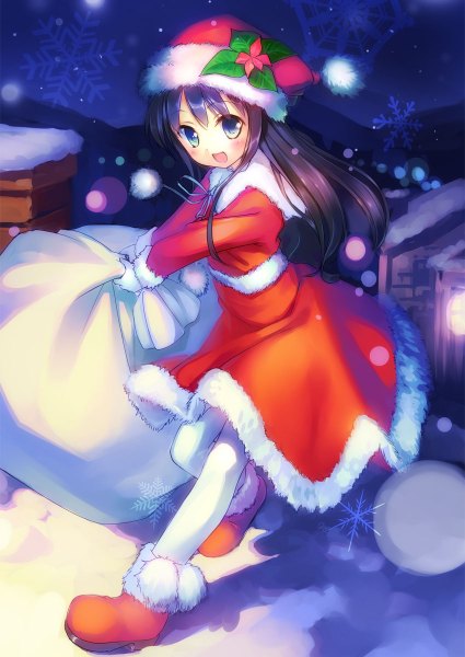 Anime picture 850x1200 with original takoyaki (roast) single long hair tall image blush open mouth blue eyes blue hair loli fur trim happy snowing christmas winter snow girl gloves hat white gloves