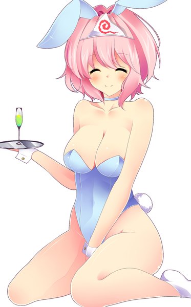 Anime picture 1400x2250 with touhou saigyouji yuyuko yuika (yurika712) single tall image blush short hair breasts light erotic simple background smile large breasts white background sitting bare shoulders animal ears pink hair eyes closed bunny ears bunny girl