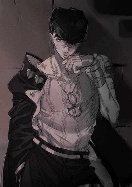 Anime picture 1200x1703 with jojo no kimyou na bouken higashikata jousuke doran7280 single tall image looking at viewer fringe short hair standing upper body hair over one eye monochrome hand in pocket hand to mouth blood on face bandaid on face spot color bandaid on nose pompadour boy