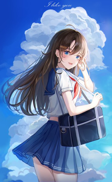 Anime picture 4281x6953 with original yulha 06 single long hair tall image looking at viewer blush fringe highres open mouth blue eyes smile hair between eyes brown hair standing absurdres sky cloud (clouds) ahoge outdoors
