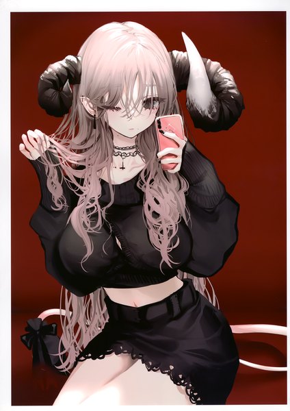 Anime picture 2419x3421 with original narue single long hair tall image looking at viewer blush fringe highres breasts simple background hair between eyes large breasts brown eyes tail nail polish horn (horns) fingernails pointy ears grey hair