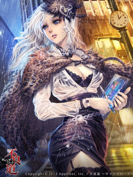 Anime picture 1600x2133 with furyou michi ~gang road~ original xaxak single long hair tall image breasts blue eyes light erotic looking away white hair mole wet mole under eye lipstick city rain crosswalk girl thighhighs