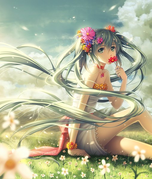 Anime picture 849x1000 with vocaloid hatsune miku tidsean single tall image fringe sitting twintails bare shoulders sky cloud (clouds) bent knee (knees) very long hair hair flower aqua eyes wind sunlight aqua hair sleeveless mountain