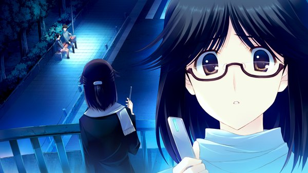 Anime picture 1280x720 with white album 2 short hair black hair wide image sitting brown eyes game cg girl glasses scarf