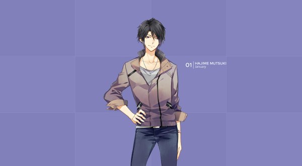 Anime picture 1282x706 with tsukiuta mutsuki hajime tagme (artist) single short hair black hair smile wide image purple eyes light smile open clothes open jacket official art character names hand on hip purple background twisty sleeves boy jacket pendant