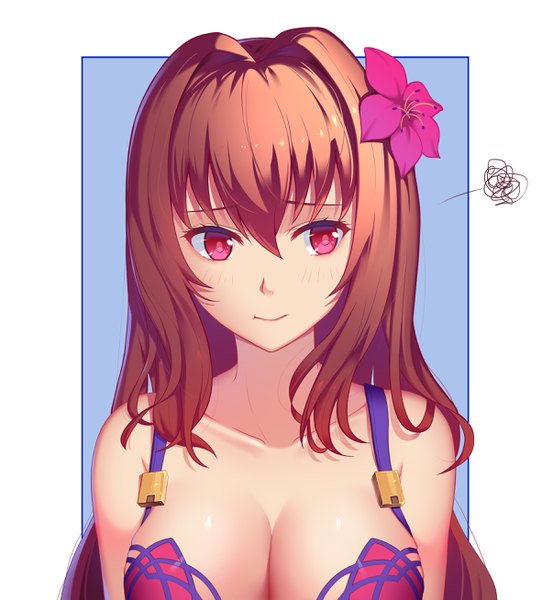 Anime picture 2412x2615 with fate (series) fate/grand order scathach (fate) (all) scathach (swimsuit assassin) (fate) aira5 single long hair tall image fringe highres breasts light erotic hair between eyes brown hair large breasts looking away cleavage upper body pink eyes hair flower