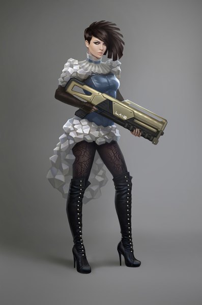 Anime picture 795x1200 with original lagunaya (artist) single tall image looking at viewer short hair black hair simple background standing brown eyes realistic grey background girl dress weapon pantyhose gun assault rifle