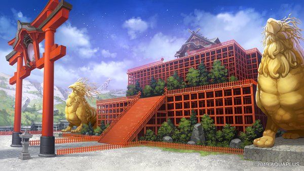 Anime picture 2048x1152 with original yoshida seiji highres wide image sky cloud (clouds) no people scenic stairs torii bushes statue shrine