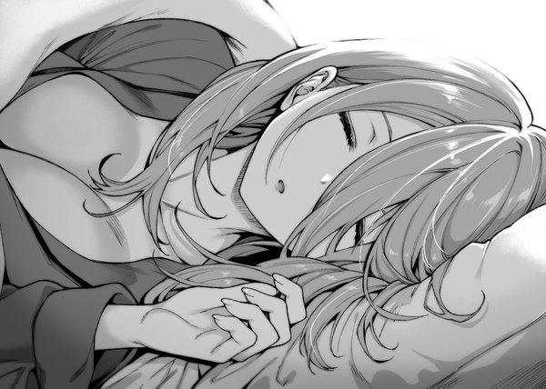 Anime picture 1080x772 with go-toubun no hanayome nakano miku mushi024 single long hair fringe breasts open mouth light erotic simple background hair between eyes large breasts white background upper body eyes closed fingernails :o monochrome sleeping under covers