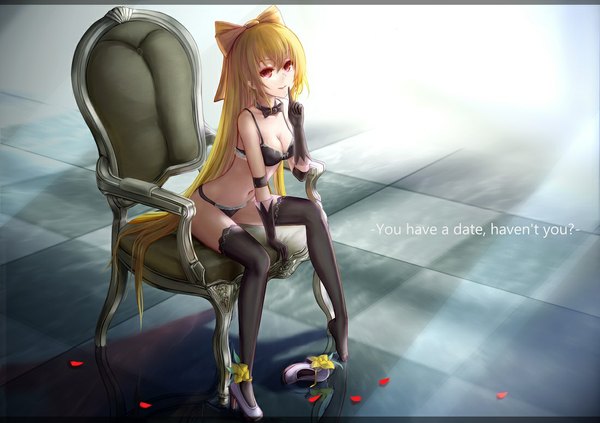 Anime picture 1100x777 with original wangchuan de quanyan single looking at viewer light erotic blonde hair red eyes sitting very long hair arm support underwear only finger to mouth girl thighhighs gloves underwear panties bow black thighhighs hair bow