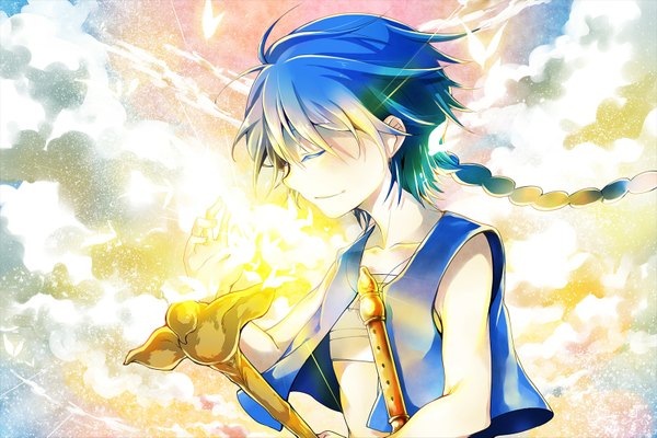 Anime picture 1600x1067 with magi the labyrinth of magic a-1 pictures aladdin (magi) no no single long hair blue hair sky cloud (clouds) braid (braids) eyes closed magic single braid boy bandage (bandages) vest staff