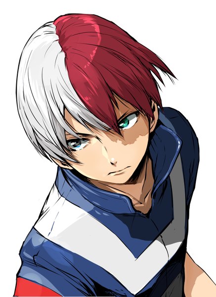 Anime picture 2656x3644 with boku no hero academia studio bones todoroki shouto enami katsumi single tall image fringe highres simple background hair between eyes white background looking away silver hair upper body red hair multicolored hair from above two-tone hair heterochromia scar