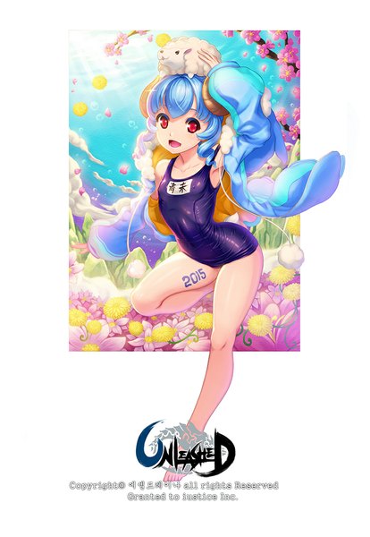 Anime picture 737x1067 with unleashed ecell (artist) single tall image looking at viewer blush short hair open mouth light erotic red eyes blue hair horn (horns) legs 2015 girl swimsuit animal one-piece swimsuit school swimsuit sheep