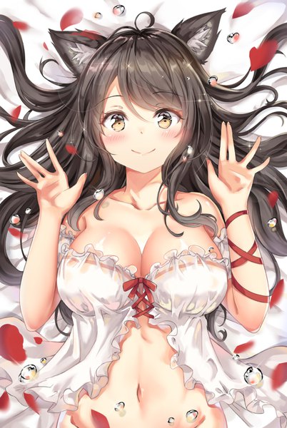 Anime picture 1006x1500 with original cenangam single long hair tall image looking at viewer blush fringe breasts light erotic black hair smile hair between eyes large breasts brown eyes animal ears ahoge lying cat ears sparkle