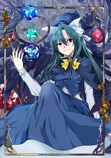 Anime picture 1350x1918 with touhou mima katayama kei single long hair tall image looking at viewer smile red eyes sitting green hair framed black wings girl dress hat wings cape crystal