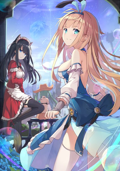 Anime picture 809x1145 with kakeyuku toshi no kikai moon doll rin yuu long hair tall image looking at viewer fringe breasts blue eyes light erotic black hair blonde hair smile standing sitting twintails bare shoulders multiple girls animal ears blunt bangs looking back