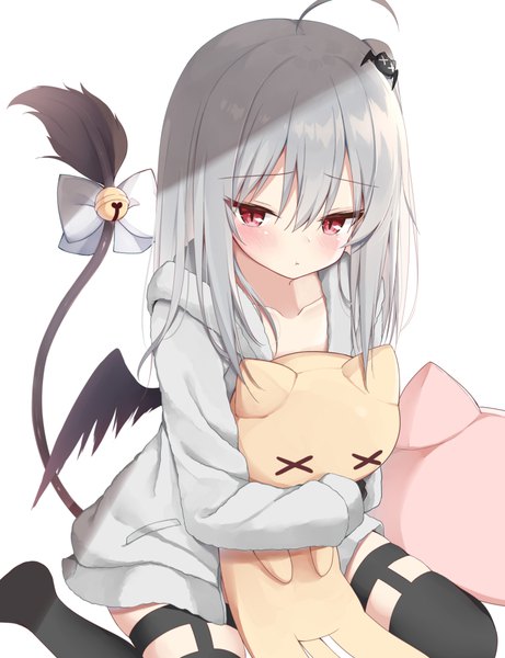 Anime picture 768x1000 with original kamu (geeenius) single long hair tall image looking at viewer blush fringe simple background hair between eyes red eyes white background sitting holding payot silver hair ahoge tail long sleeves loli