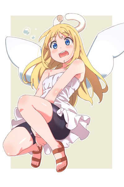 Anime picture 1538x2306 with ishuzoku reviewers crimvael karahai (31448823) single long hair tall image blush open mouth blue eyes simple background blonde hair full body covering body blush androgynous covering crotch dress wings shorts white dress