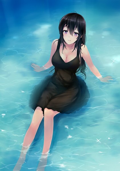 Anime picture 629x896 with original miyaura sanshio beifeng han single long hair tall image looking at viewer fringe breasts black hair smile hair between eyes large breasts purple eyes cleavage bent knee (knees) from above arm support sleeveless girl