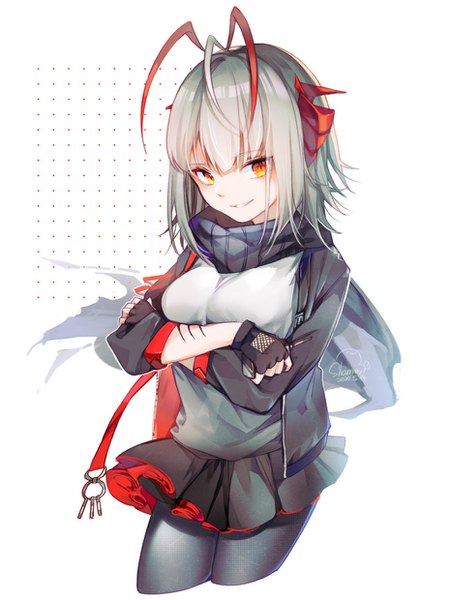 Anime picture 930x1240 with arknights w (arknights) sharmi single tall image short hair simple background smile white background signed silver hair horn (horns) orange eyes dated crossed arms smirk girl gloves pantyhose black pantyhose
