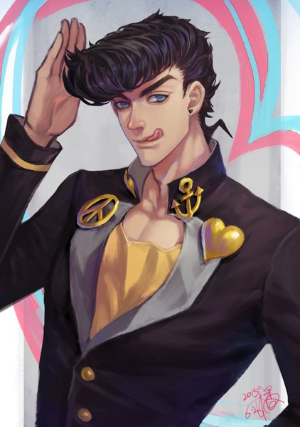 Anime picture 1182x1679 with jojo no kimyou na bouken higashikata jousuke fan ju single long hair tall image looking at viewer blue eyes black hair signed piercing dated ear piercing eyebrows salute pompadour peace symbol boy uniform school uniform