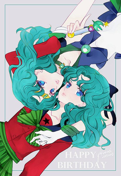 Anime picture 559x814 with bishoujo senshi sailor moon toei animation kaiou michiru sailor neptune yukinami (paru26i) long hair tall image looking at viewer blue eyes simple background signed aqua hair grey background lipstick dated wavy hair framed pink lipstick happy birthday dual persona