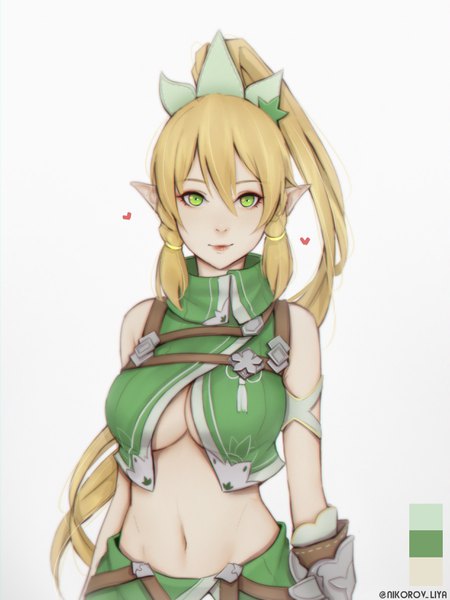Anime picture 2473x3300 with sword art online a-1 pictures leafa liya nikorov single long hair tall image looking at viewer fringe highres breasts light erotic simple background blonde hair hair between eyes white background bare shoulders green eyes signed ponytail
