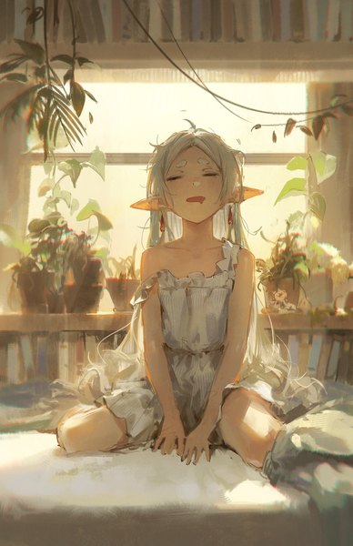 Anime picture 2000x3094 with sousou no frieren frieren dino (dinoartforame) single long hair tall image highres sitting silver hair indoors eyes closed pointy ears wariza strap slip elf sleepy girl plant (plants) earrings window