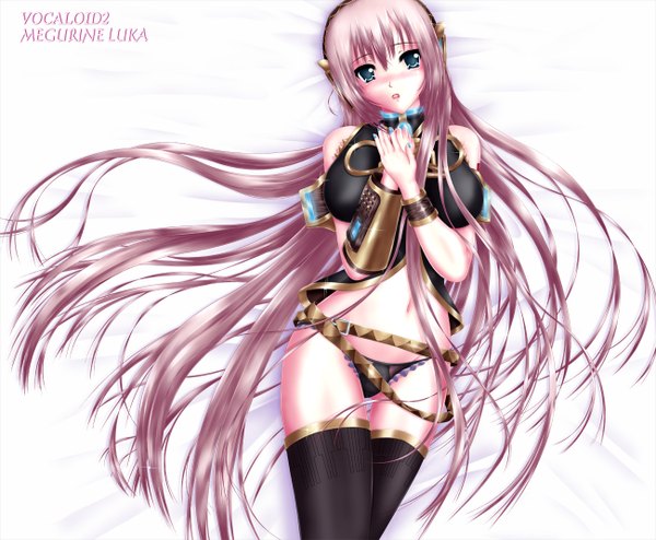 Anime picture 1300x1072 with vocaloid megurine luka nohoho (kakikonchi) single long hair blush open mouth blue eyes light erotic pink hair lying nail polish girl thighhighs underwear panties black thighhighs detached sleeves headphones