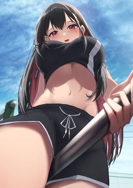 Anime picture 2508x3541 with original amane sora single long hair tall image looking at viewer blush fringe highres breasts open mouth light erotic black hair hair between eyes red eyes large breasts standing holding sky cloud (clouds)