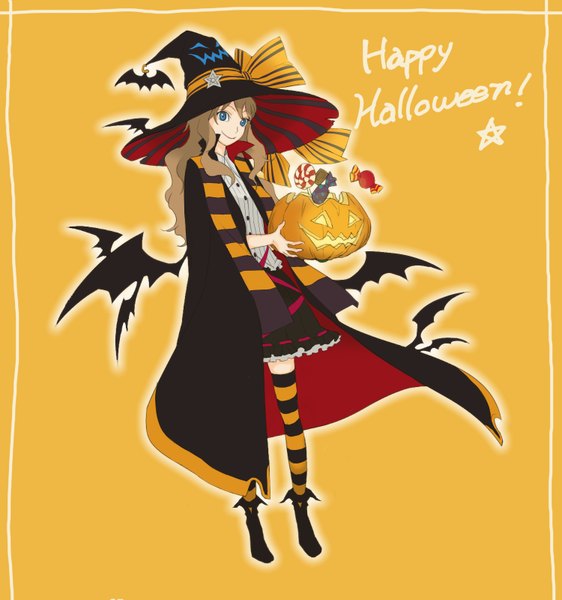 Anime picture 1500x1600 with noel0 (artist) single long hair tall image blue eyes smile brown hair halloween framed bat wings happy halloween girl thighhighs wings food sweets scarf star (symbol) cloak witch hat