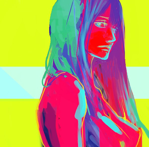 Anime picture 909x900 with original tsuyomaru single long hair looking at viewer fringe simple background bare shoulders aqua eyes aqua hair portrait yellow background multicolored girl