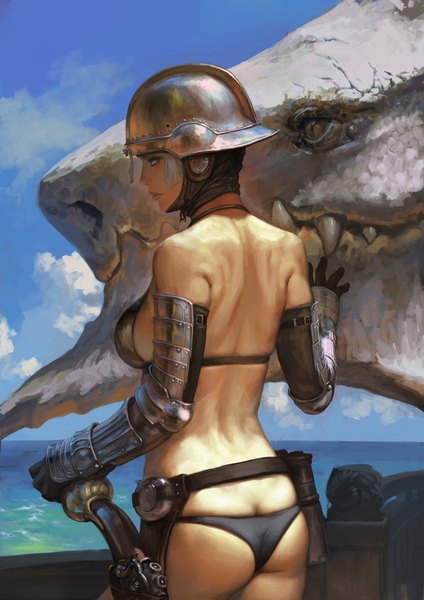 Anime picture 1489x2105 with original xiaji tall image short hair blue eyes light erotic sky cloud (clouds) grey hair back girl swimsuit bikini black bikini helmet dragon gauntlets