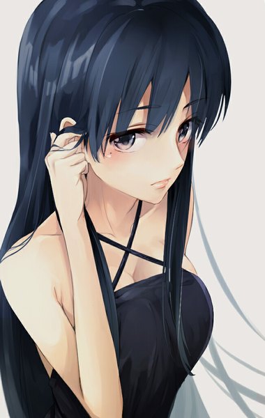 Anime picture 650x1024 with original tama (05728) single long hair tall image looking at viewer fringe breasts blue eyes black hair simple background bare shoulders pink eyes from above lips grey background mole sleeveless mole under eye adjusting hair