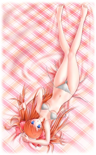Anime picture 1200x1920 with honey coming kamijou asahi miharin (artist) single long hair tall image blue eyes light erotic lying orange hair girl swimsuit bikini white bikini