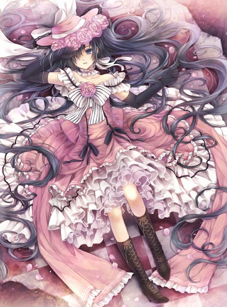 Anime picture 739x1000 with kuroshitsuji a-1 pictures lady phantomhive hagiwara rin single tall image fringe open mouth purple eyes bare shoulders purple hair lying very long hair hair over one eye checkered floor floor checkered crossdress dress boy