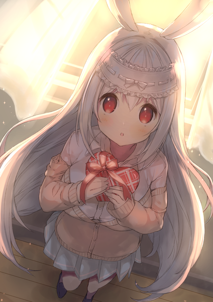 Anime picture 868x1228 with virtual youtuber mofumofu channel cynthia riddle p19 single long hair tall image looking at viewer blush fringe breasts open mouth hair between eyes red eyes large breasts standing holding animal ears full body white hair