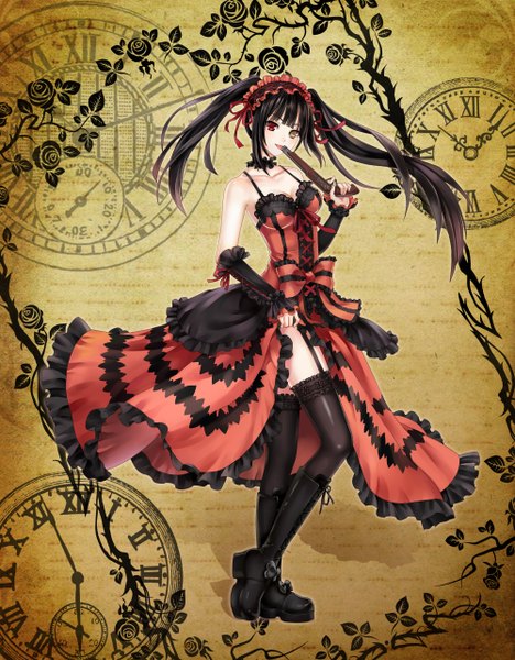 Anime picture 2000x2560 with date a live tokisaki kurumi monogo single long hair tall image blush highres black hair twintails bare shoulders heterochromia uneven twintails girl thighhighs dress weapon black thighhighs boots frills