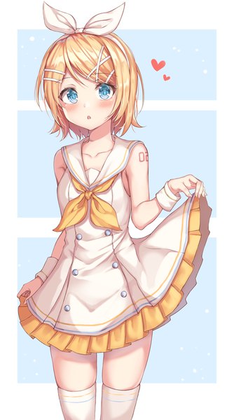 Anime picture 2644x4745 with vocaloid kagamine rin wabbajack single tall image looking at viewer blush fringe highres short hair open mouth blue eyes simple background blonde hair standing :o tattoo frilled dress sailor collar double buttons