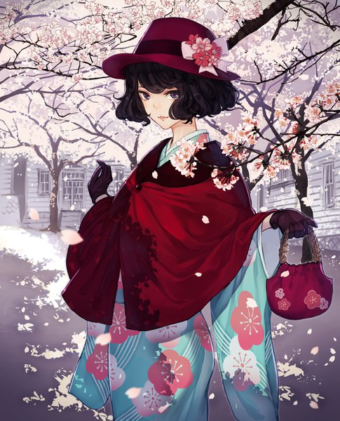 Anime picture 1000x1238 with original kaoming single tall image looking at viewer fringe short hair black hair outdoors traditional clothes japanese clothes black eyes wide sleeves cherry blossoms floral print girl gloves hat petals black gloves