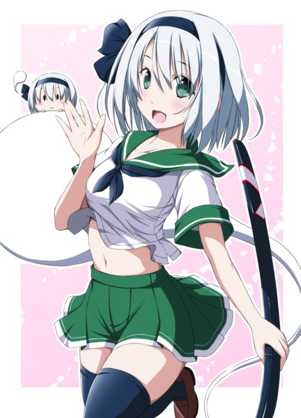 Anime picture 1519x2110 with touhou konpaku youmu nori tamago single tall image looking at viewer blush short hair open mouth blue eyes silver hair chibi ghost solid eyes girl thighhighs skirt navel weapon black thighhighs
