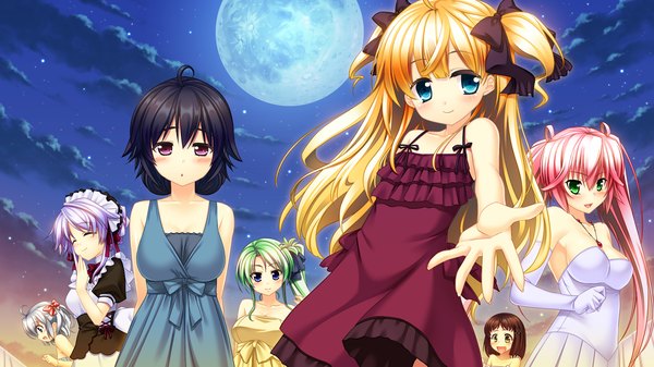 Anime picture 1280x720 with nosferatu no omocha ashina awayuki misha (nosferatu no omocha) noeru (nosferatu no omocha) long hair blush short hair open mouth blue eyes black hair blonde hair wide image purple eyes multiple girls green eyes pink hair game cg silver hair green hair night