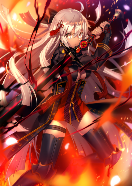 Anime picture 1190x1670 with fate (series) fate/grand order koha-ace okita souji (fate) (all) okita souji alter (fate) fuyuki (neigedhiver) single tall image looking at viewer fringe breasts light erotic blonde hair hair between eyes standing holding brown eyes ahoge very long hair wind