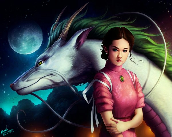 Anime picture 1003x797 with spirited away studio ghibli haku (spirited away) ogino chihiro haku (dragon) sanguisgelidus single short hair breasts brown hair green eyes sky horn (horns) aqua eyes green hair lips realistic night fantasy girl