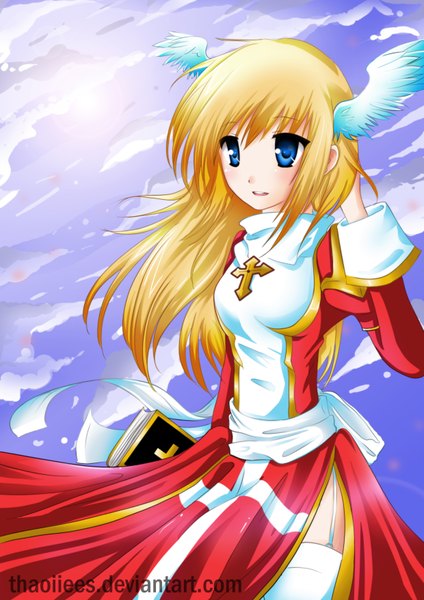 Anime picture 2480x3508 with ragnarok online high priest thaoiiees single long hair tall image blush highres open mouth blue eyes blonde hair sky cloud (clouds) sunlight head wings girl thighhighs dress white thighhighs belt