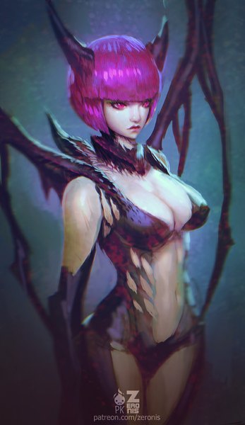 Anime picture 597x1030 with paul (shiramune) single tall image fringe short hair breasts light erotic simple background large breasts standing bare shoulders pink hair pink eyes horn (horns) realistic bare belly blue background girl gloves navel