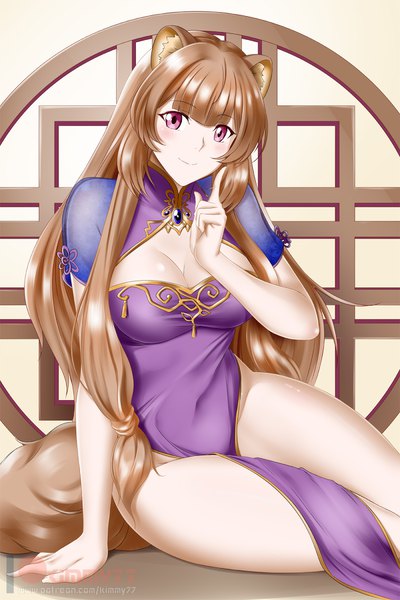 Anime picture 1200x1800 with tate no yuusha no nariagari kinema citrus raphtalia kimmy77 single long hair tall image looking at viewer blush fringe breasts light erotic smile brown hair large breasts sitting purple eyes signed animal ears payot
