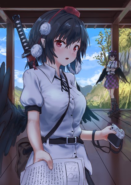 Anime picture 1003x1417 with touhou shameimaru aya himekaidou hatate roke (taikodon) long hair tall image blush fringe short hair breasts open mouth black hair hair between eyes red eyes twintails purple eyes multiple girls holding sky cloud (clouds)